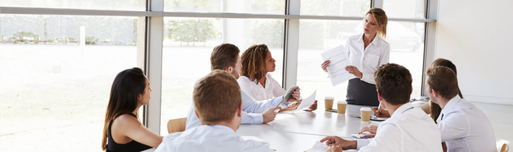 Group meeting with woman presenting